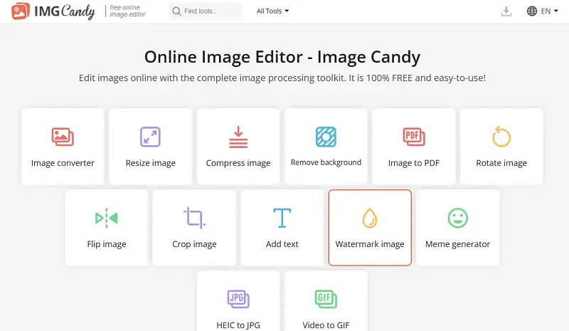 Главная страница Image Candy с набором онлайн-инструментов